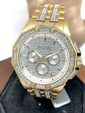 Bulova Men's Watch 98C126 Octava Quartz Gold Stainless Steel Gemmed Dial 42mm